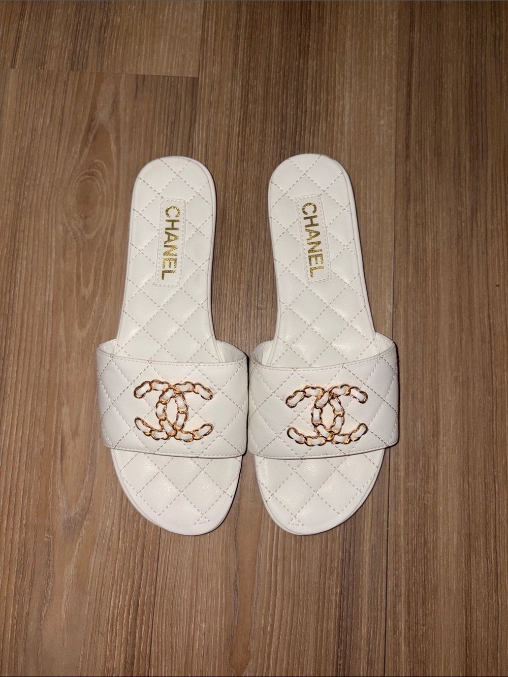 CHANEL White Quilted Slide Sandals with Gold Chain CC Emblem